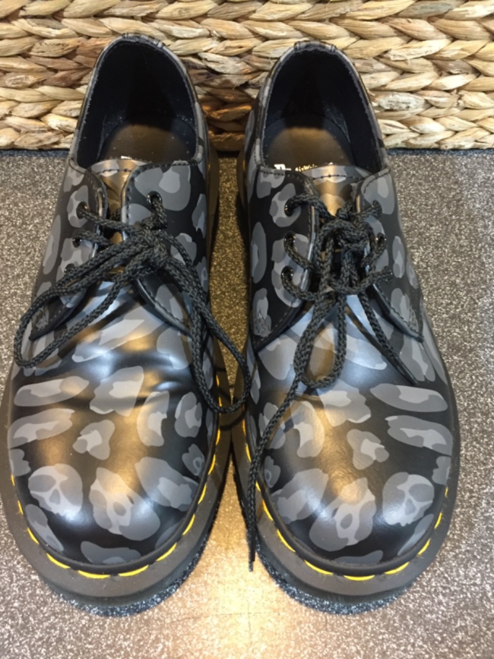 Dr. Martens Black and Gray Leopard Print 3-Eye Oxford Shoes - Picture 2 of 13